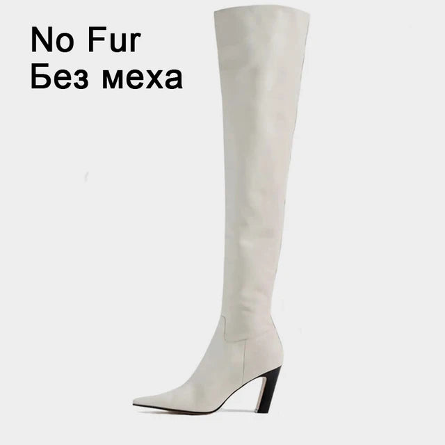 Autumn Winter Women Over Knee-High Boots Pointed Toe Real Leather Heels