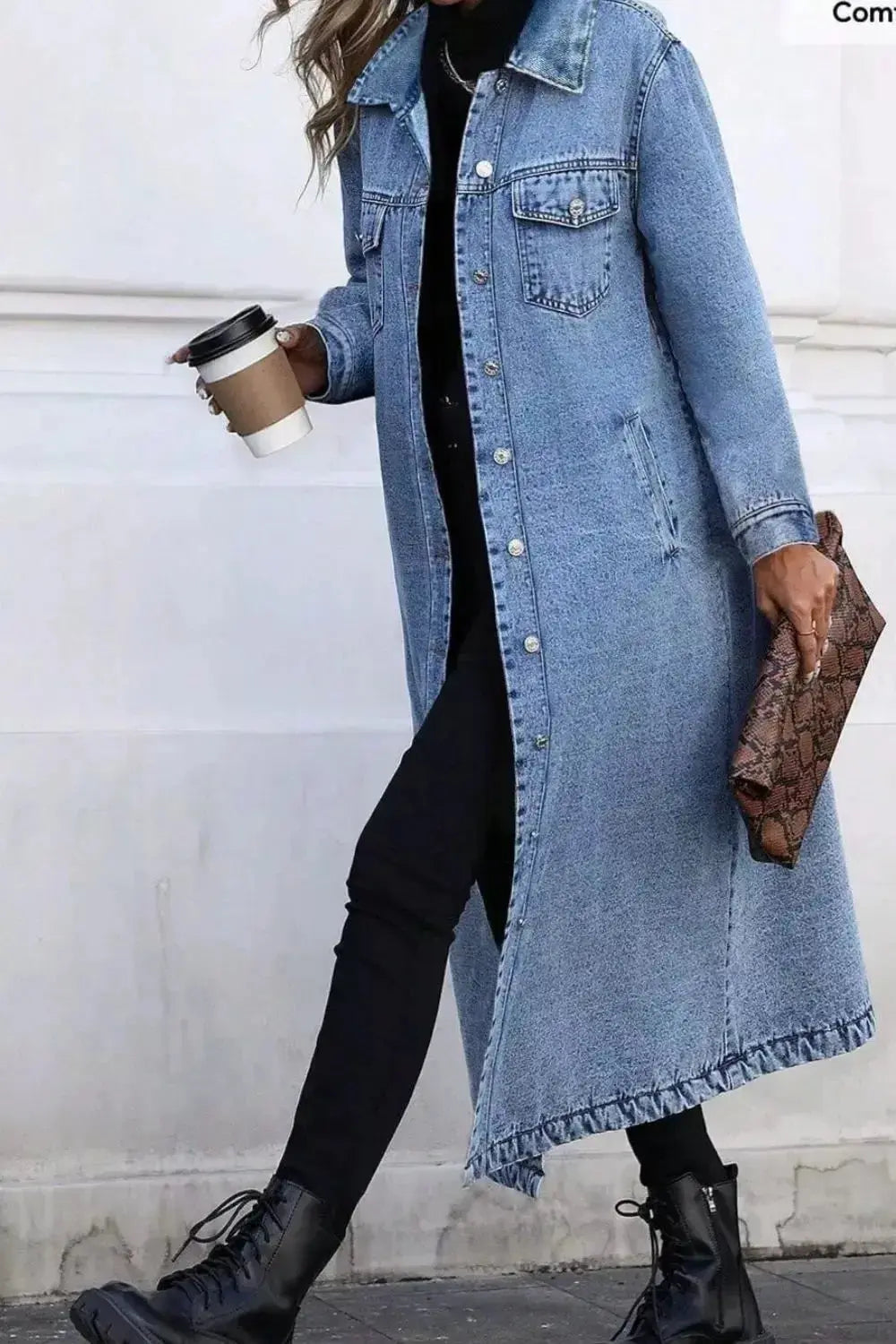 Longline Button-Front Denim Jacket - DaisyDrop 