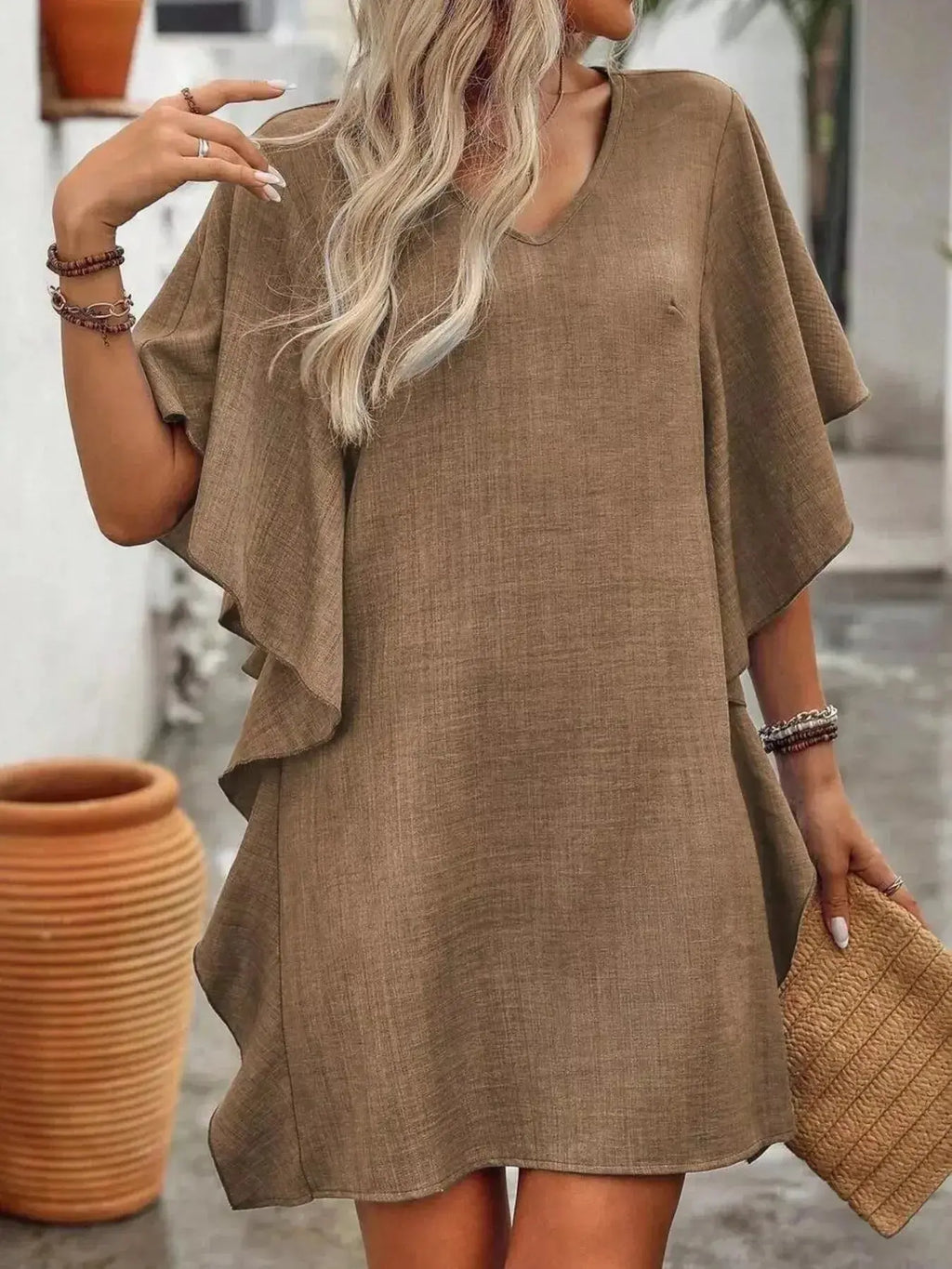 Ruffled Flutter Sleeve V-Neck Mini Dress - DaisyDrop 