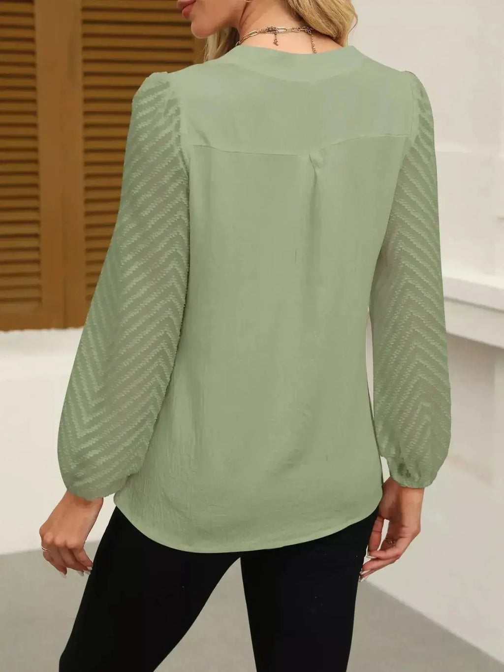 Notched Balloon Sleeve Blouse - DaisyDrop 