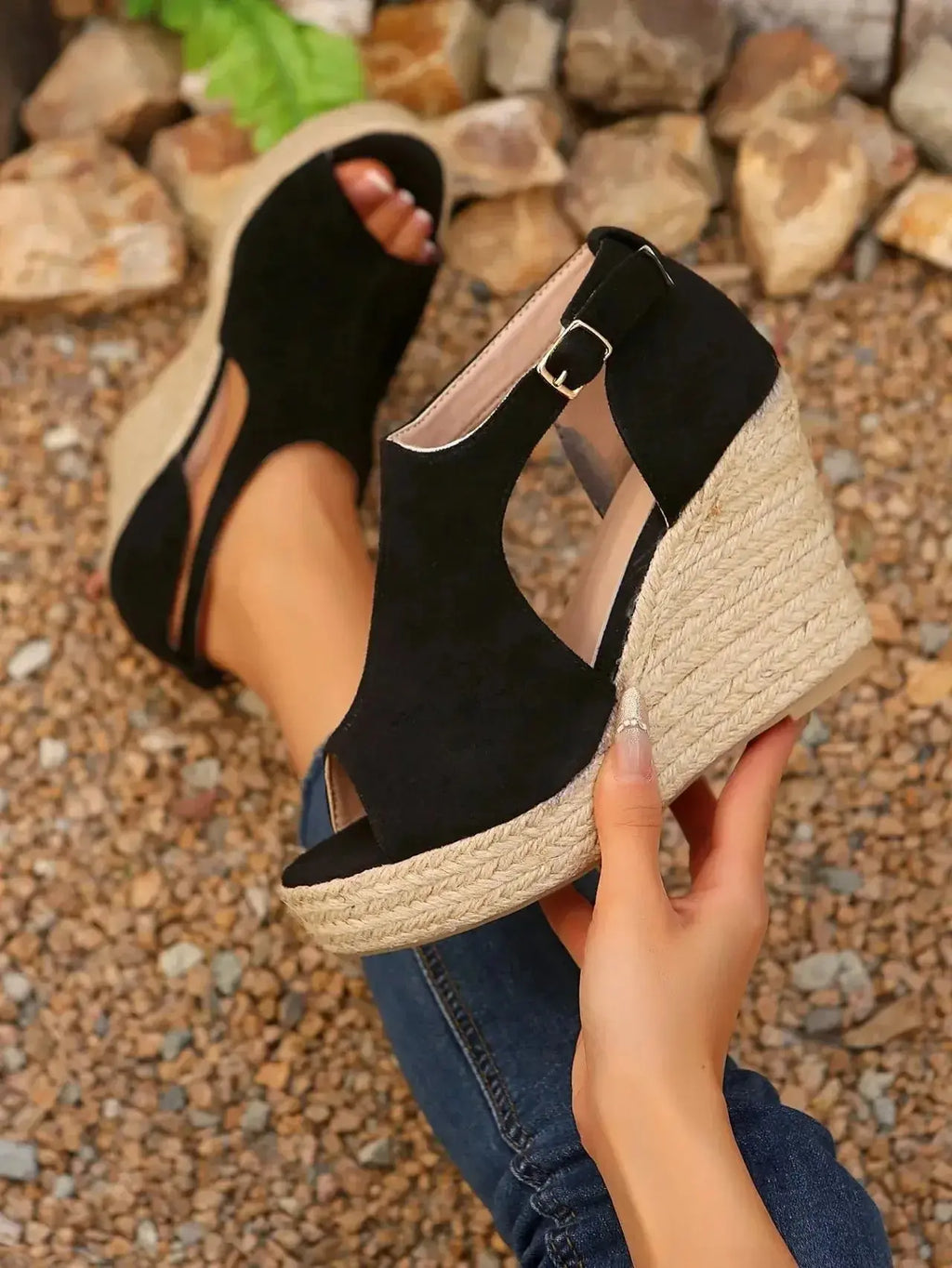 Espadrille Wedge Sandals with Ankle Strap - DaisyDrop 