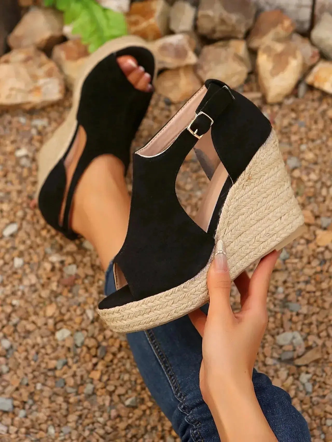 Espadrille Wedge Sandals with Ankle Strap - DaisyDrop 