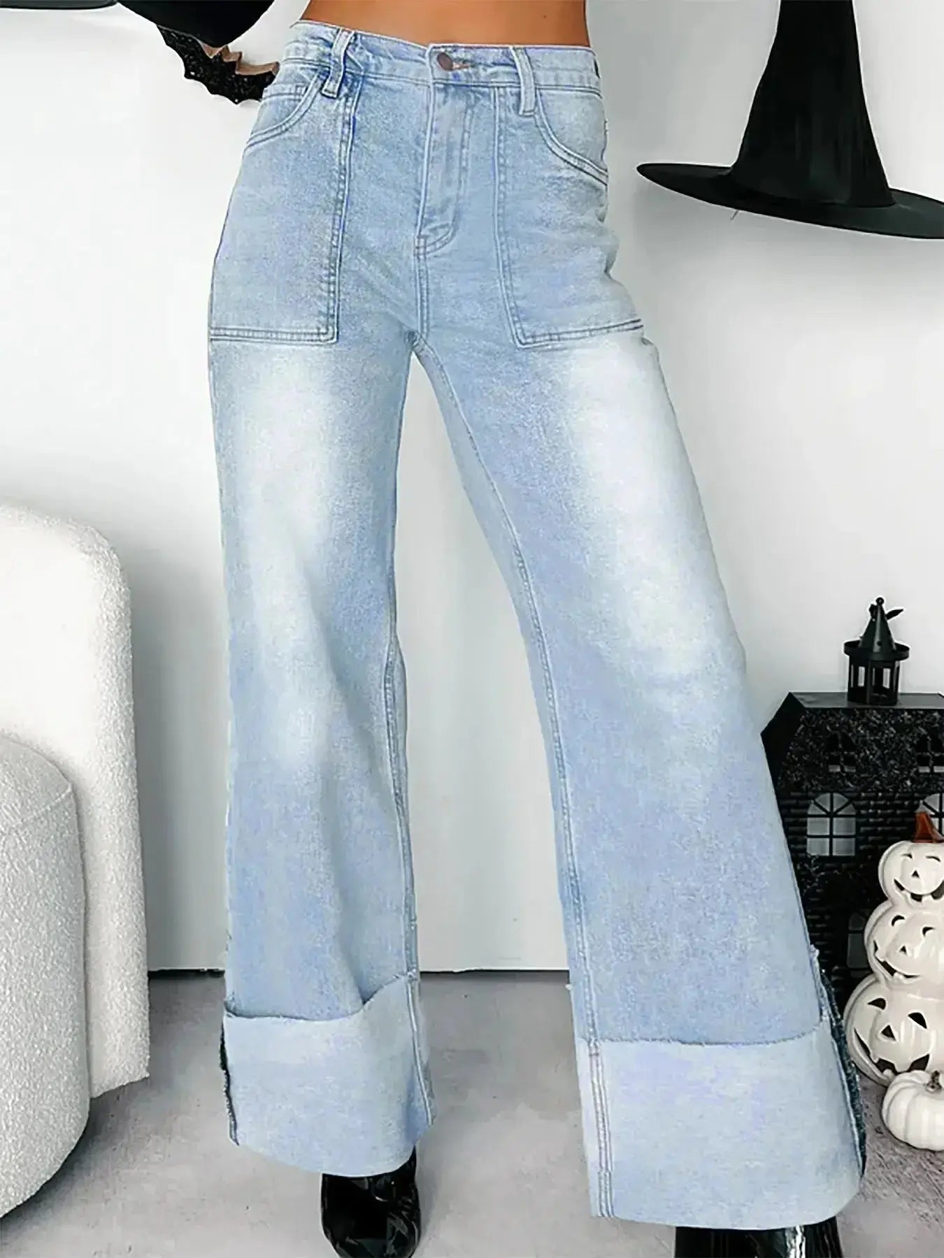High-Waisted Wide-Leg Jeans with Cuffed Hem - DaisyDrop 