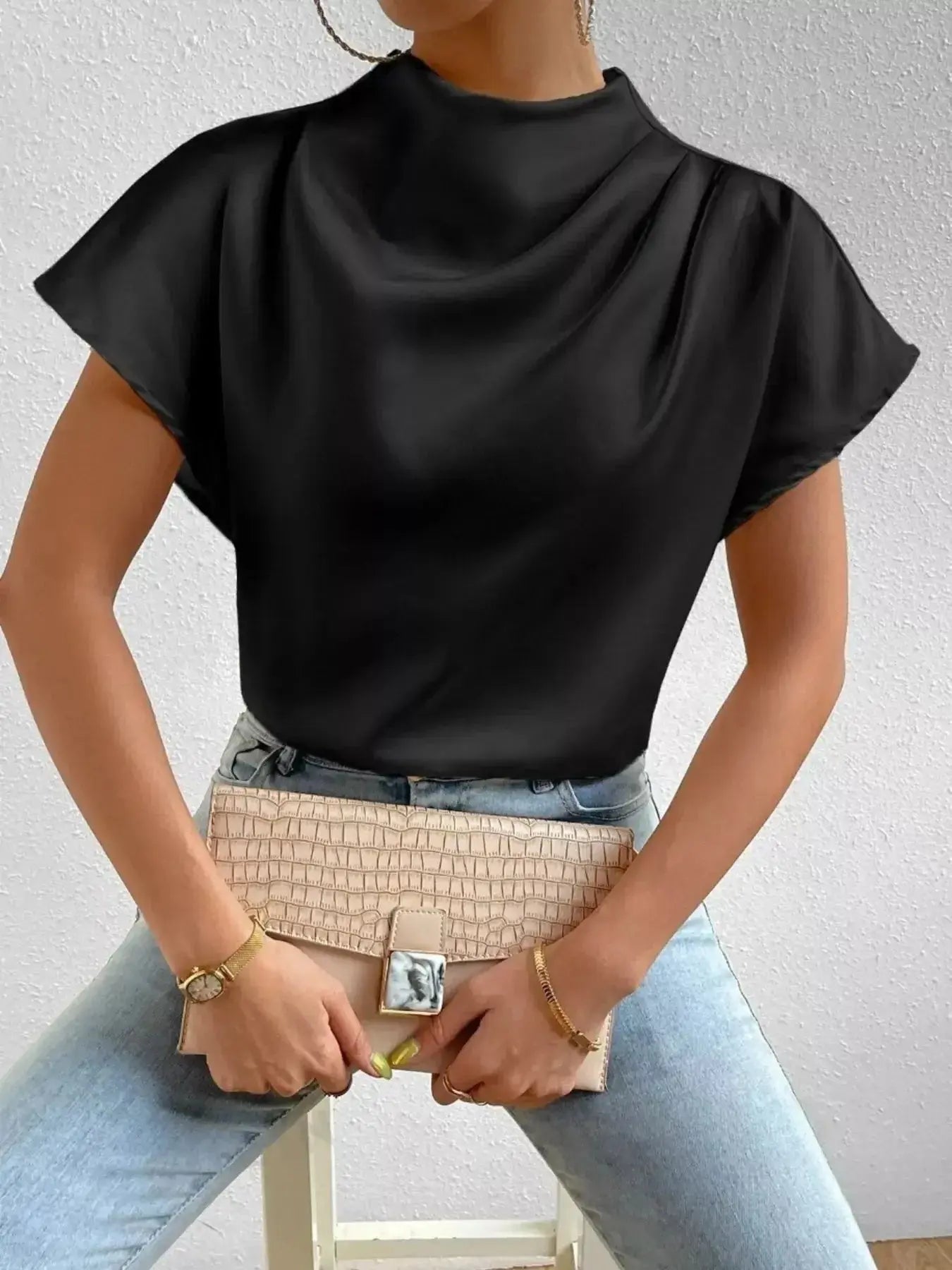 Mock Neck Satin Blouse - DaisyDrop 
