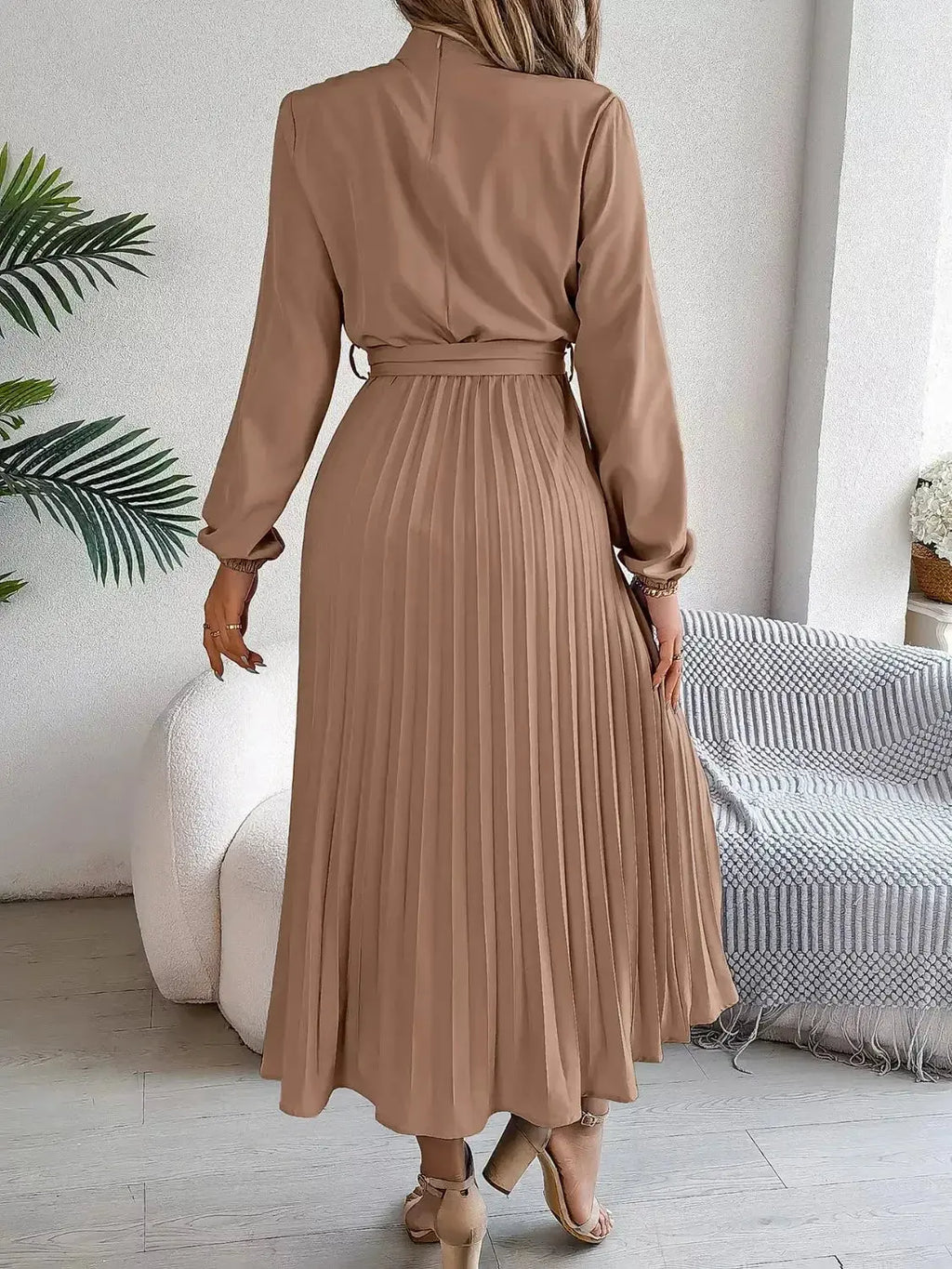Mock Neck Pleated Midi Dress - DaisyDrop 