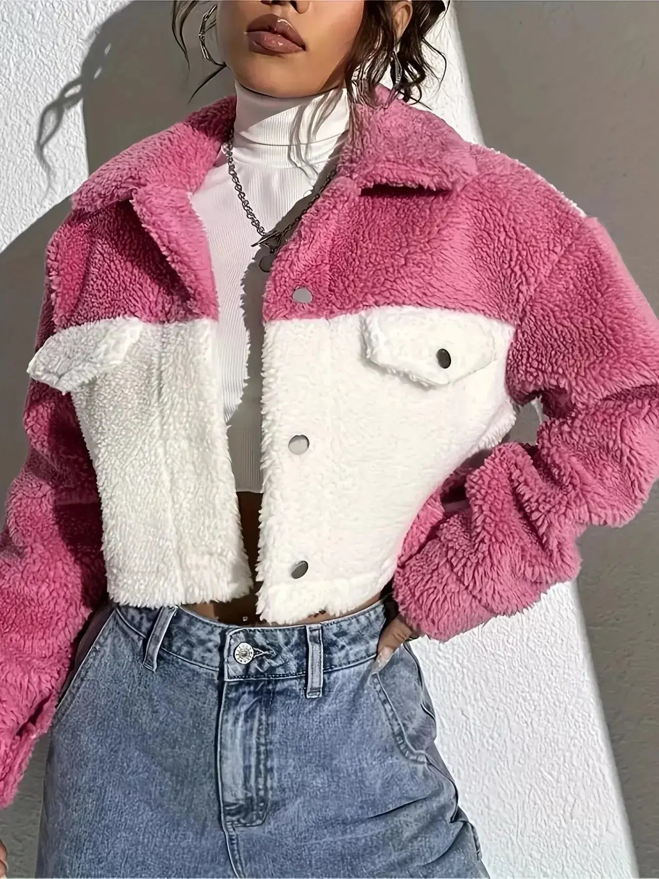 Two-Tone Plush Cropped Jacket - DaisyDrop 
