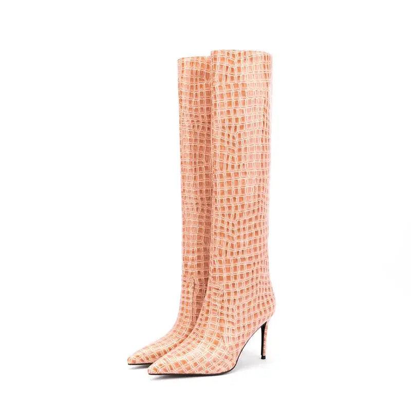 Women Knee High Boots Fluorescent Crocodile Leather Pointed Toe eprolo