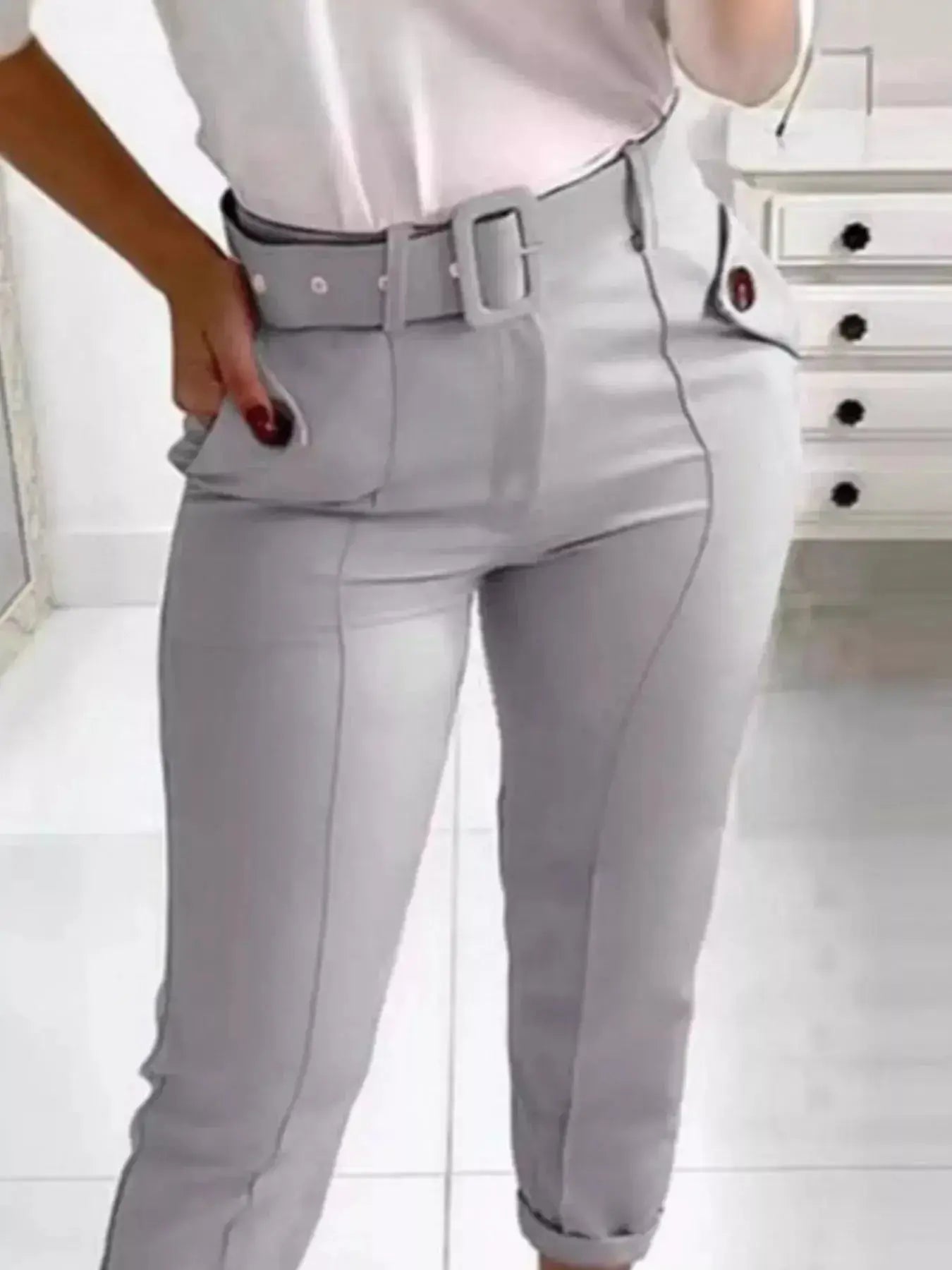 High Waist Belted Slim Fit Ankle Pants - DaisyDrop 