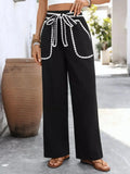 Crochet Trim Tie Waist Wide Leg Pants - DaisyDrop 