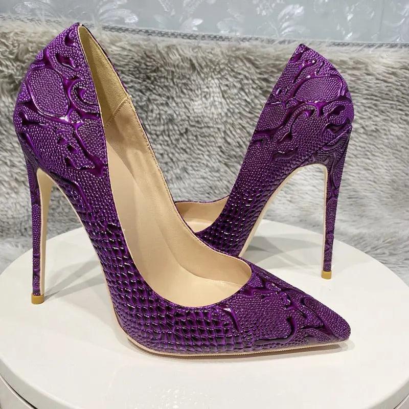 Tikicup Purple Embossed Women's Crocodile Effect Pointy Toe eprolo