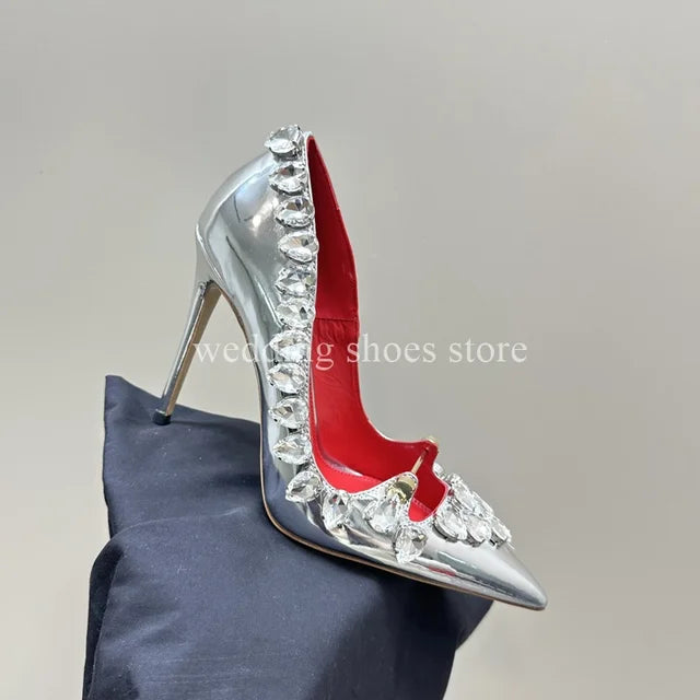 Rhinestone Heels Patent Leather Sexy Pointed Toe