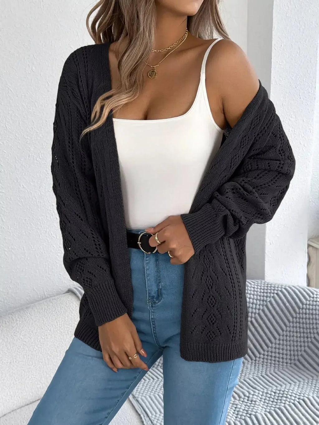 Openwork Open Front Cardigan - DaisyDrop 