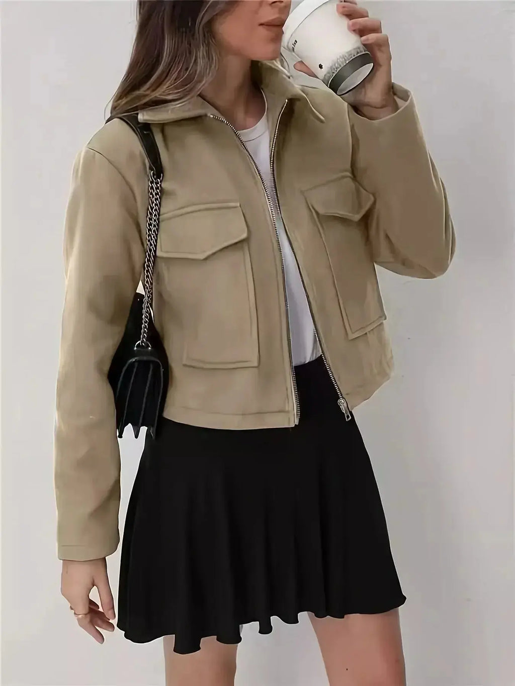 Cropped Zip-Up Pocketed Jacket - DaisyDrop 