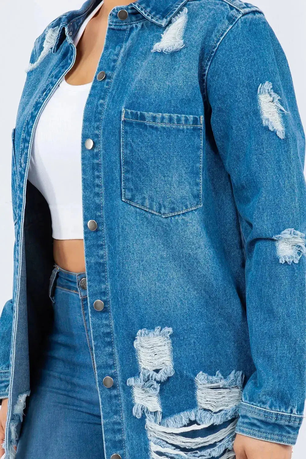 American Bazi Distressed Button Up Long Sleeve Denim Jacket - DaisyDrop 