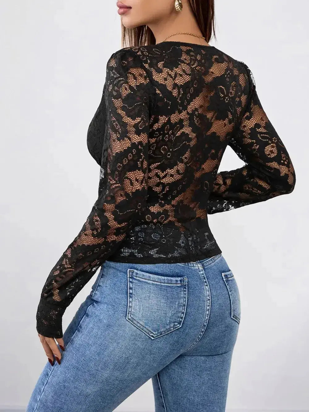 Perfee V-Neck Long Sleeve Lace Top - DaisyDrop 