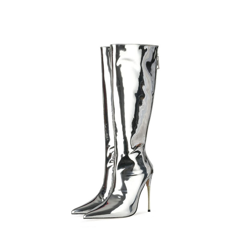Classics Women High Heel Boots Patent Leather Back Zipper Square Toe