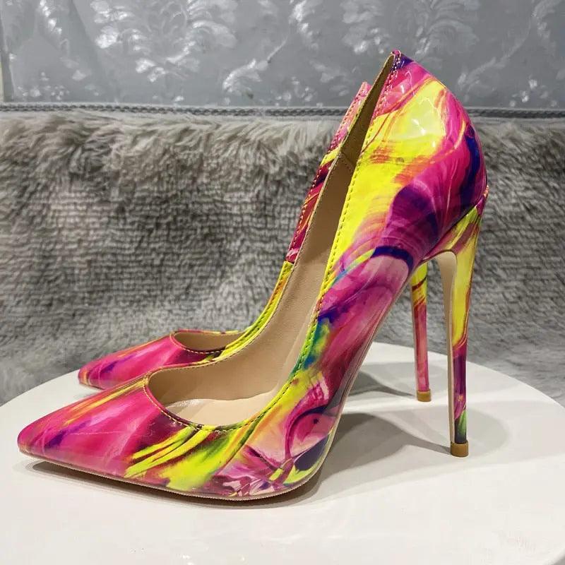 Glossy Colorful Print Women Pointed Toe High Heels eprolo