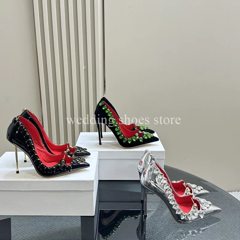Rhinestone Heels Patent Leather Sexy Pointed Toe