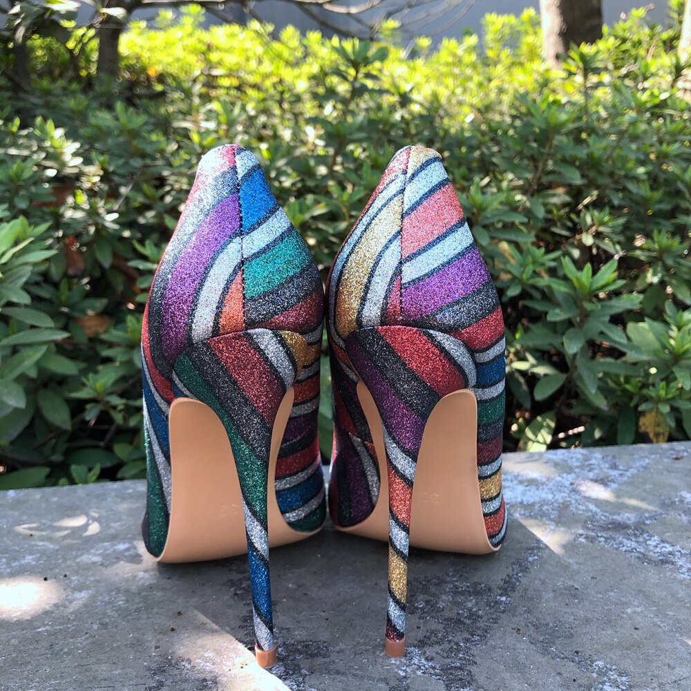 Tikicup Women Rainbow Iridescent High Heels Shiny Glitter Pointy Toe Stilettos