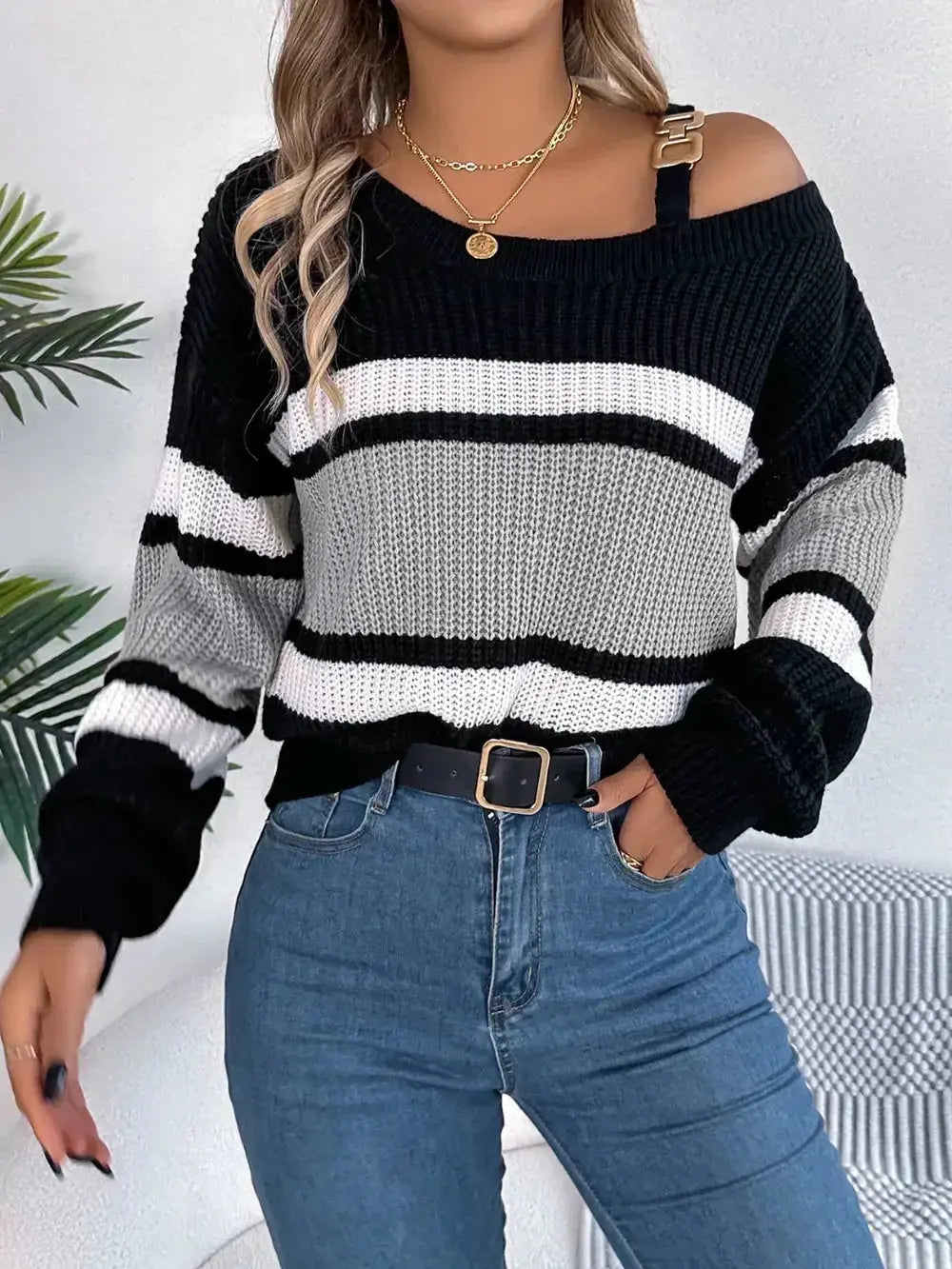 Color Block Asymmetrical Neck Long Sleeve Sweater - DaisyDrop 