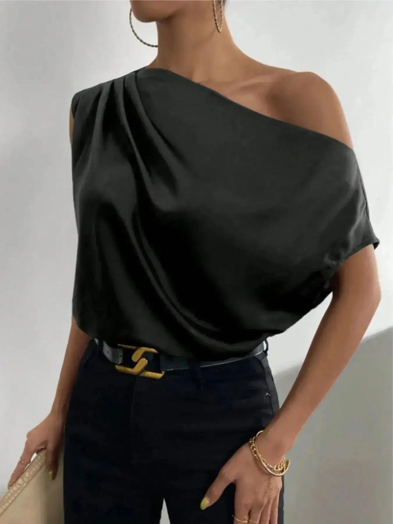 Asymmetrica One-Shoulder Draped Blouse - DaisyDrop 