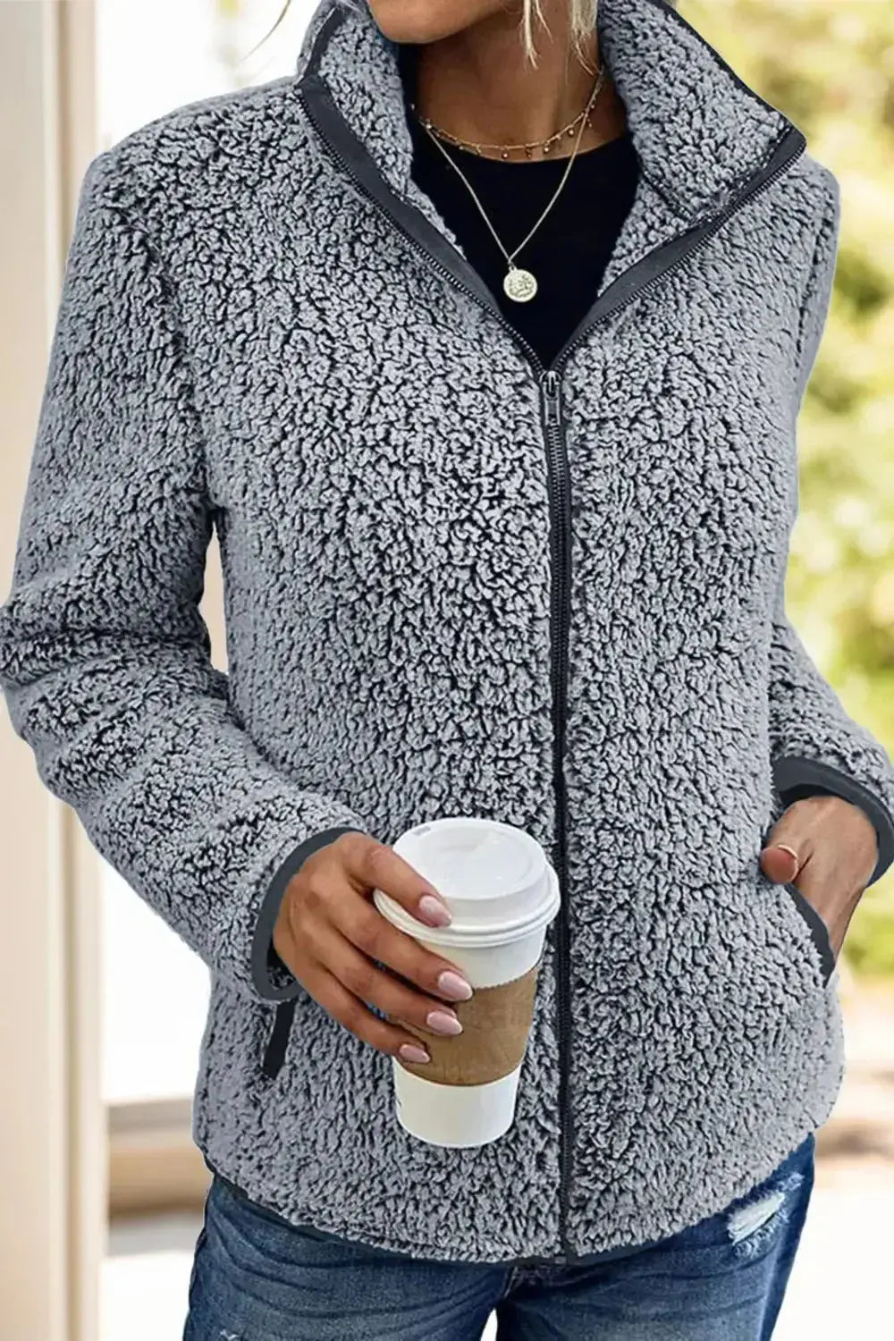 Pocketed Zip Up Turtleneck Jacket - DaisyDrop 