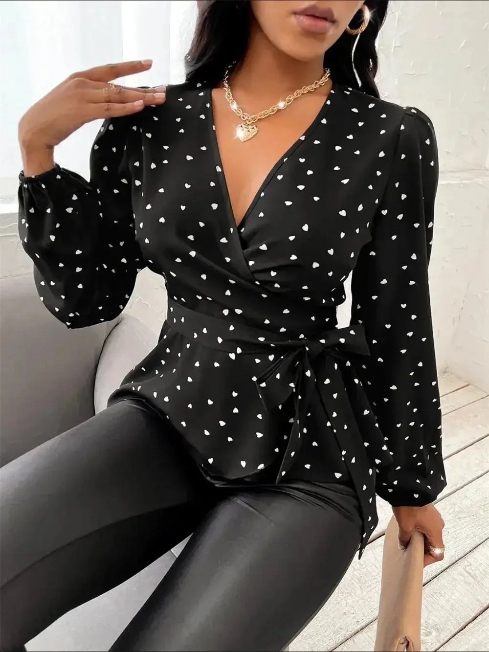 Heart Print Surplice Balloon Sleeve Blouse - DaisyDrop 