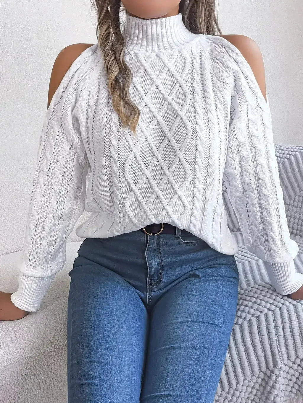 Cable Knit Cold Shoulder Turtleneck Sweater - DaisyDrop 