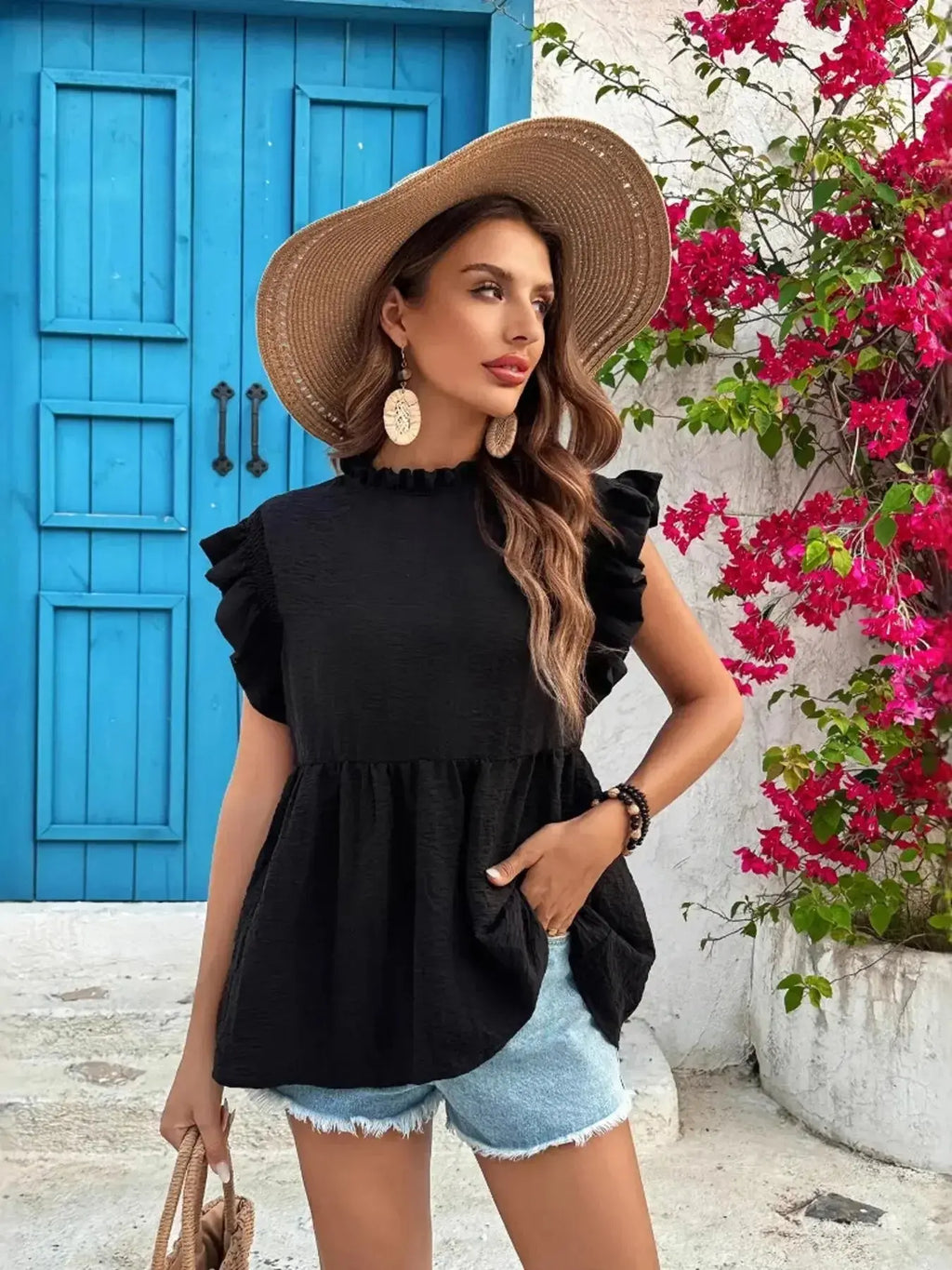 Ruffled Cap Sleeve Blouse - DaisyDrop 
