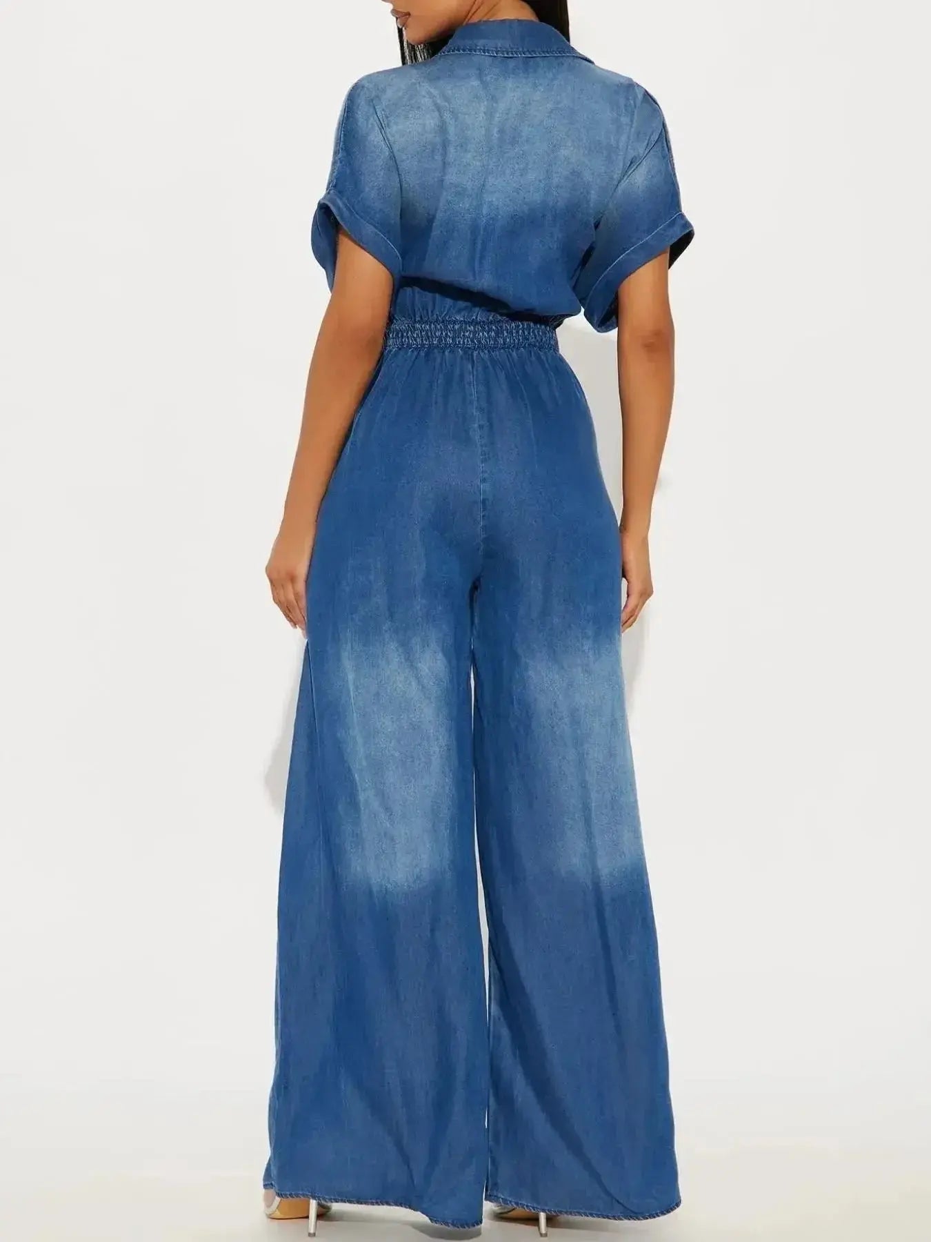 Button Front Wide Leg Denim Jumpsuit - DaisyDrop 