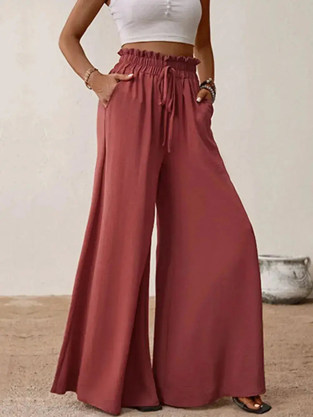 Perfee Frill Tied Wide Leg Pants - DaisyDrop 