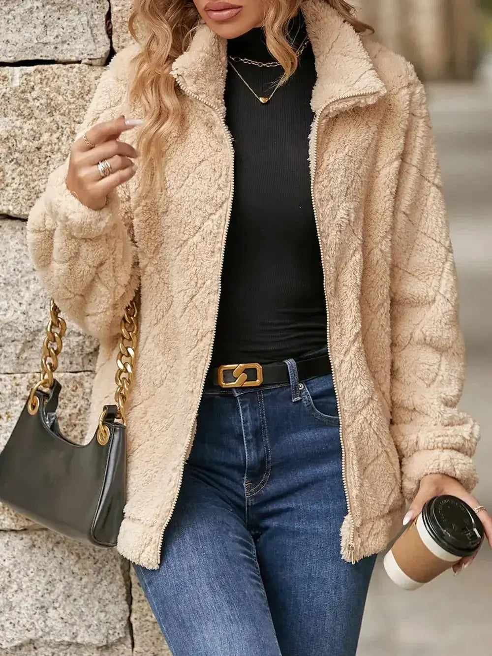 Fuzzy Pocketed Zip Up Jacket - DaisyDrop 