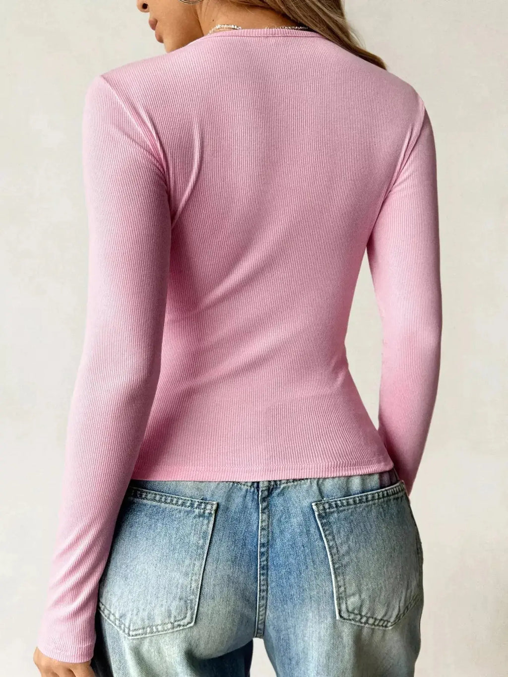 Ribbed Knit Long Sleeve Fitted T-Shirt - DaisyDrop 