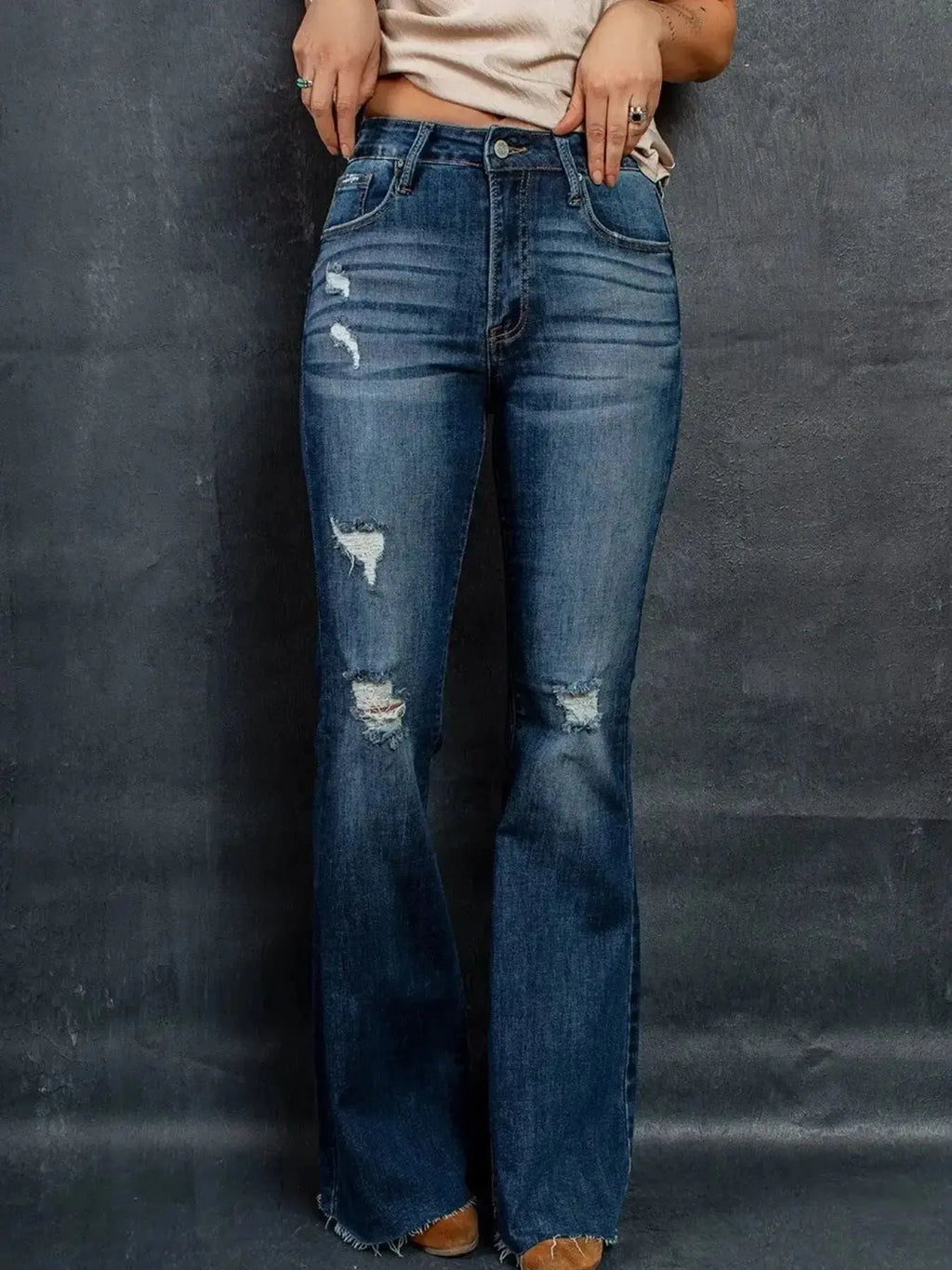 Distressed High-Waisted Flare Jeans - DaisyDrop 