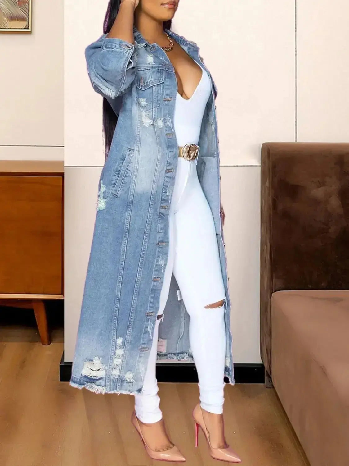 Long Sleeve Raw Hem Denim Jacket - DaisyDrop 