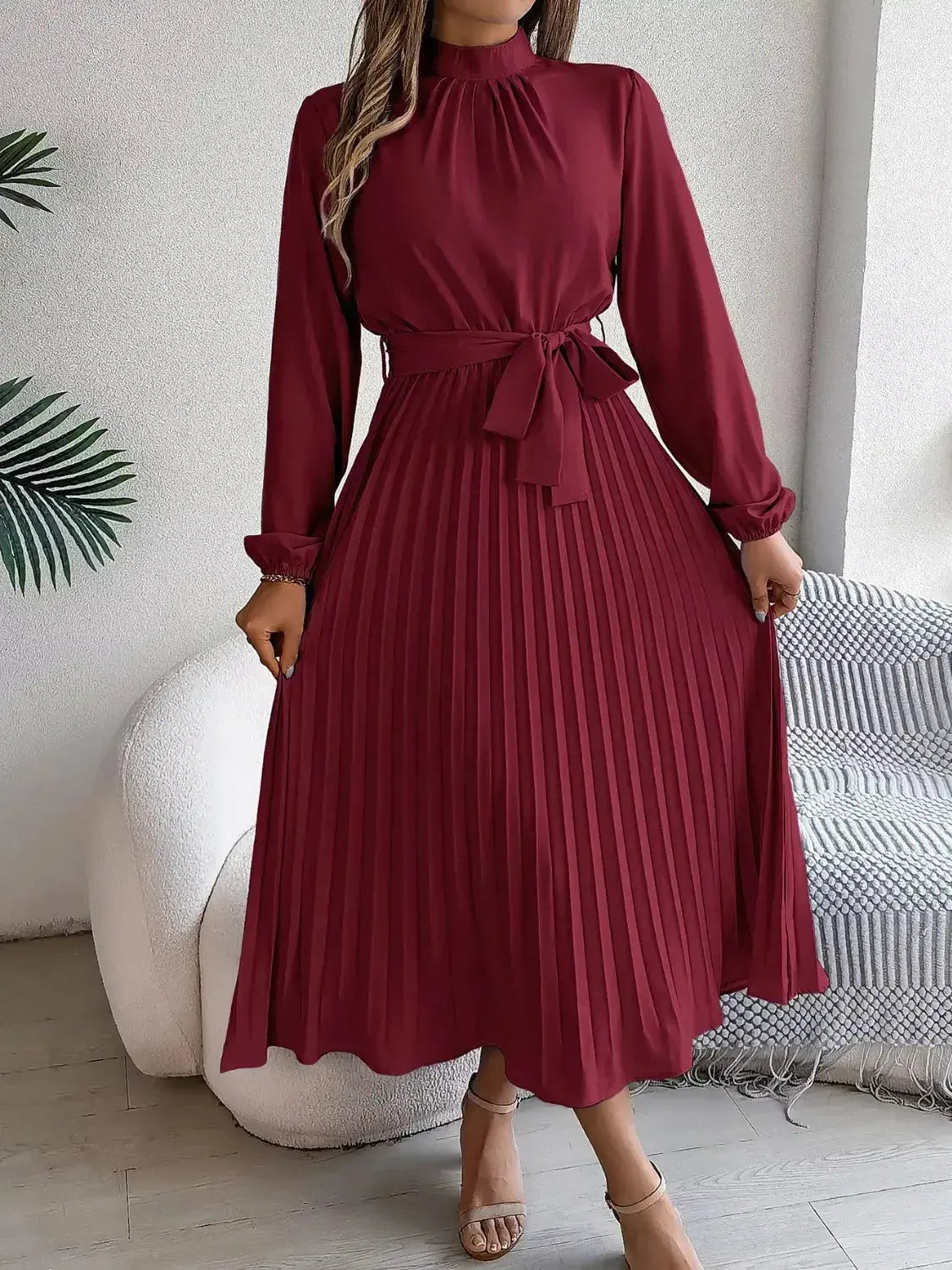 Mock Neck Pleated Midi Dress - DaisyDrop 