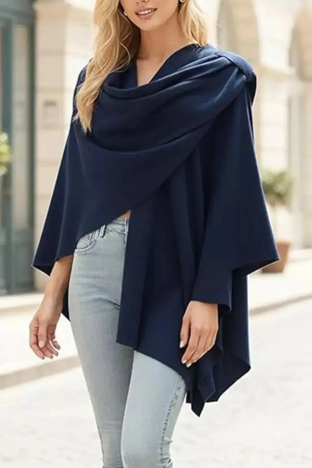 Draped Knitted Split Cape Shawl with Strap - DaisyDrop 