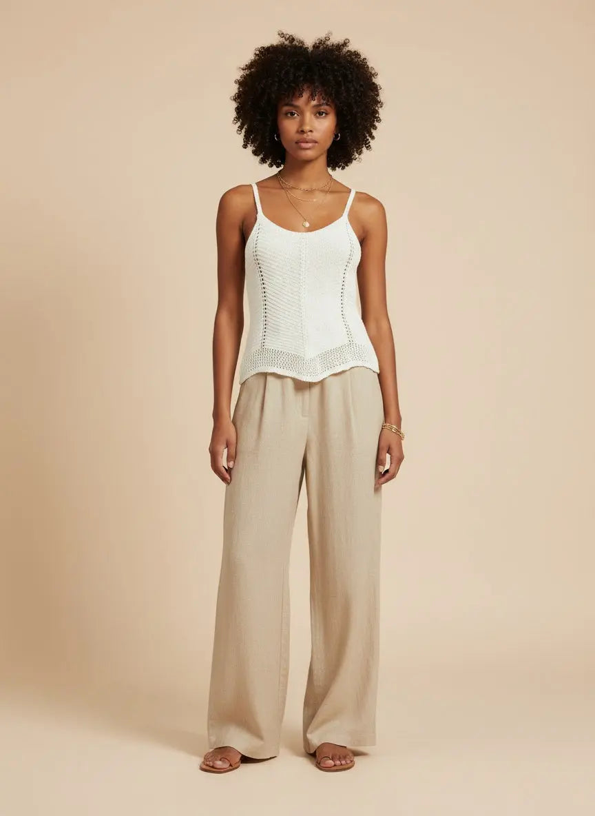 Full body view of the model wearing Openwork Scoop Neck Knit Cami