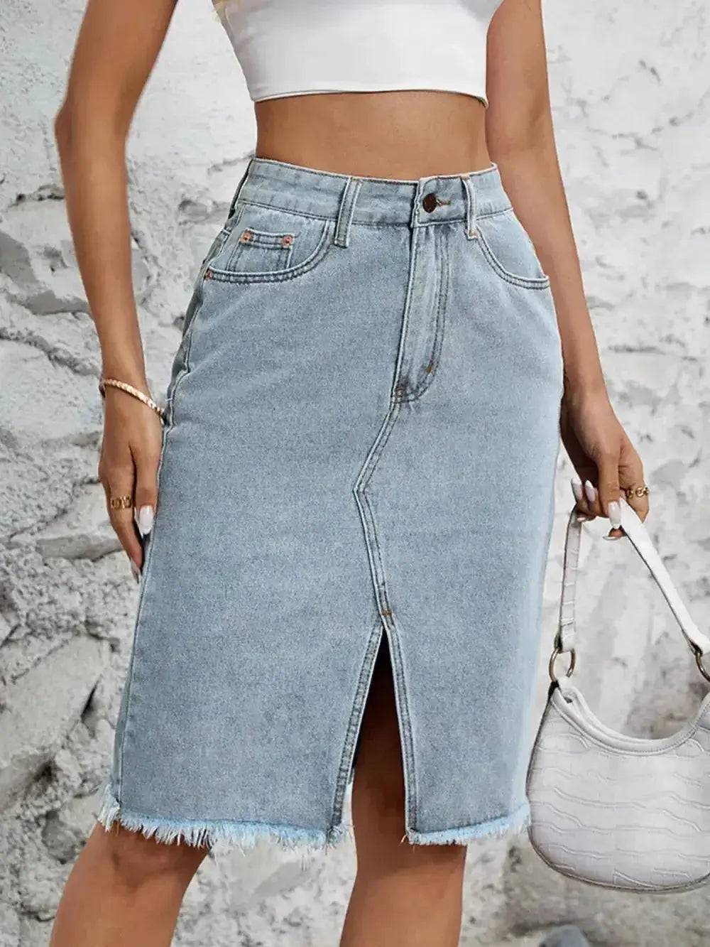 Raw Hem Slit Denim Skirt - DaisyDrop 