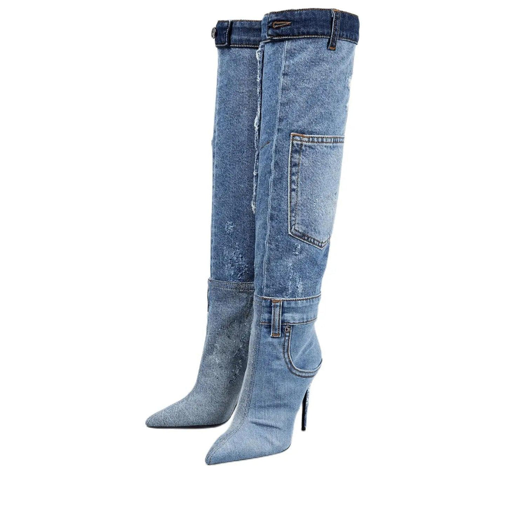Blue Denim Pocket Pointed Toe Worn Washed Cloth Over The Knee Boots eprolo