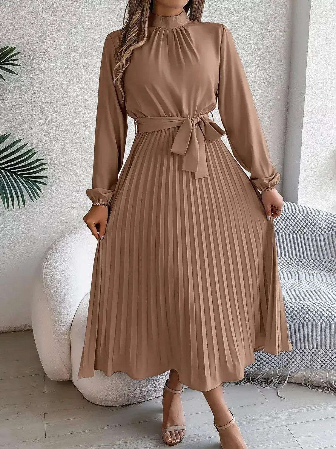 Mock Neck Pleated Midi Dress - DaisyDrop 