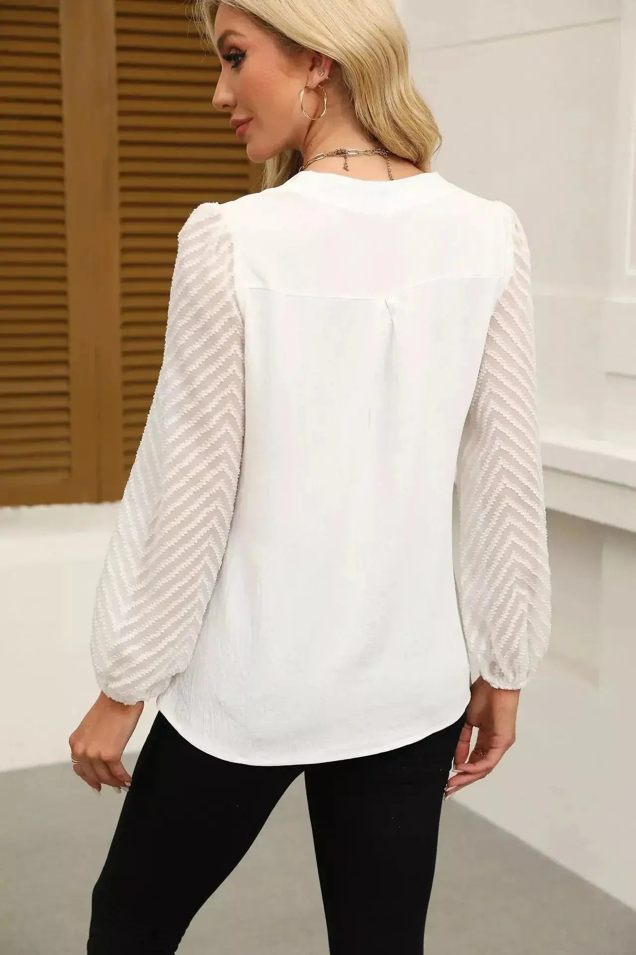 Notched Balloon Sleeve Blouse - DaisyDrop 
