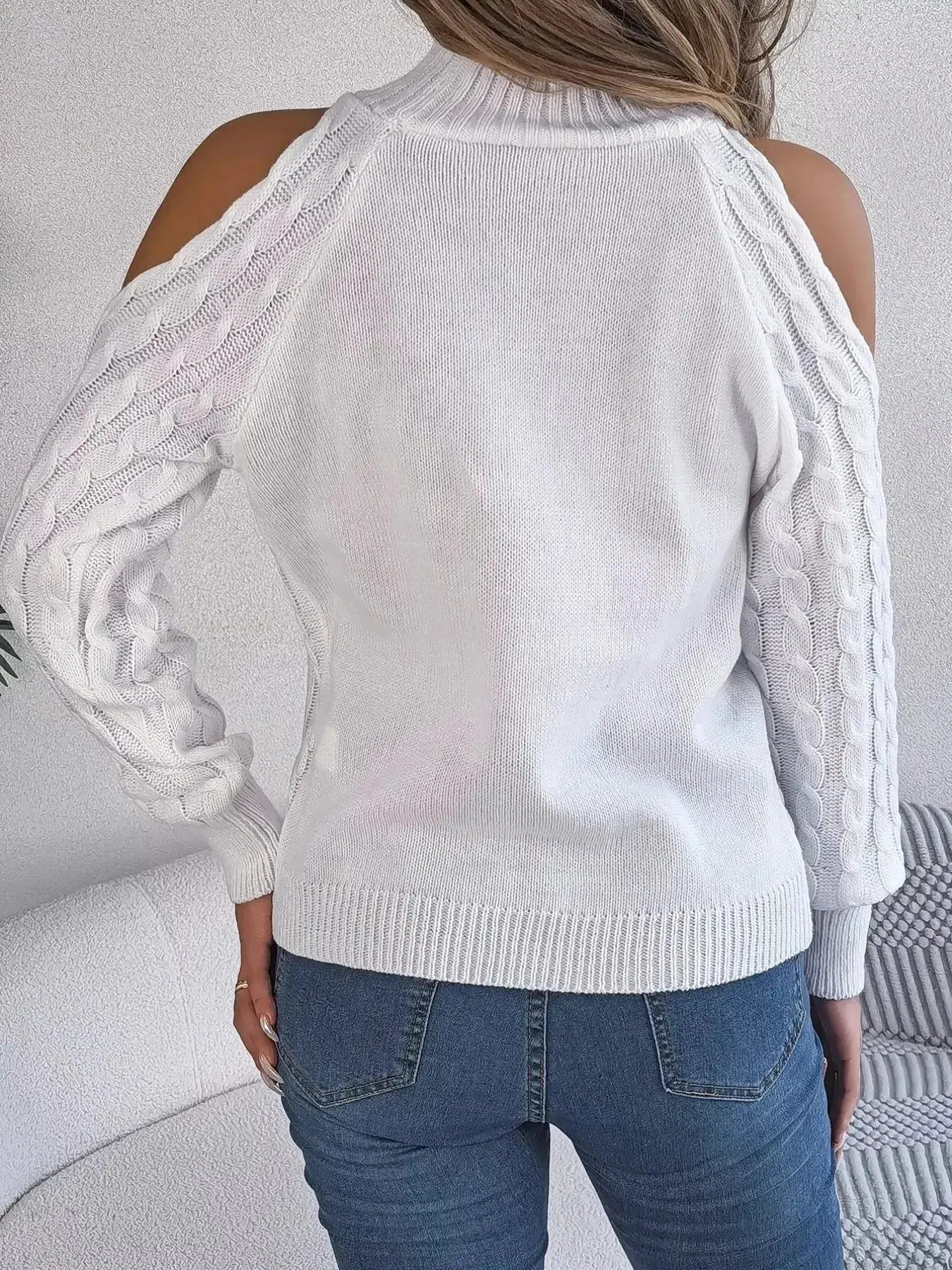 Cable Knit Cold Shoulder Turtleneck Sweater - DaisyDrop 