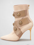 Gold Round Badge Short Boots Pointed Toe Metal Stiletto Heels