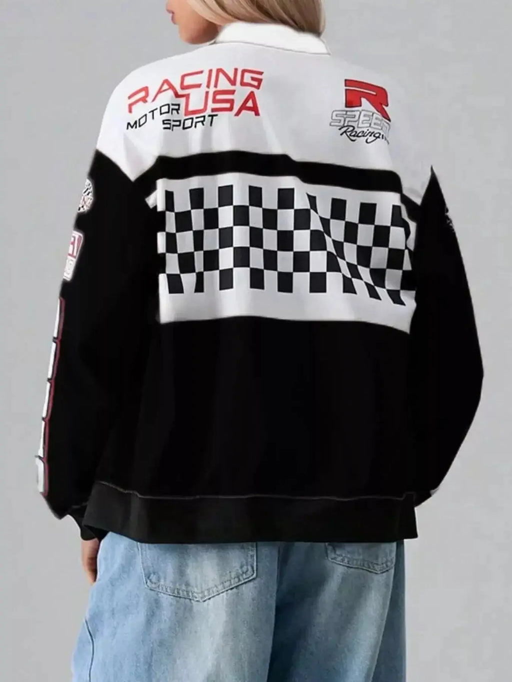 Letter Zip Up Dropped Shoulder Jacket - DaisyDrop 