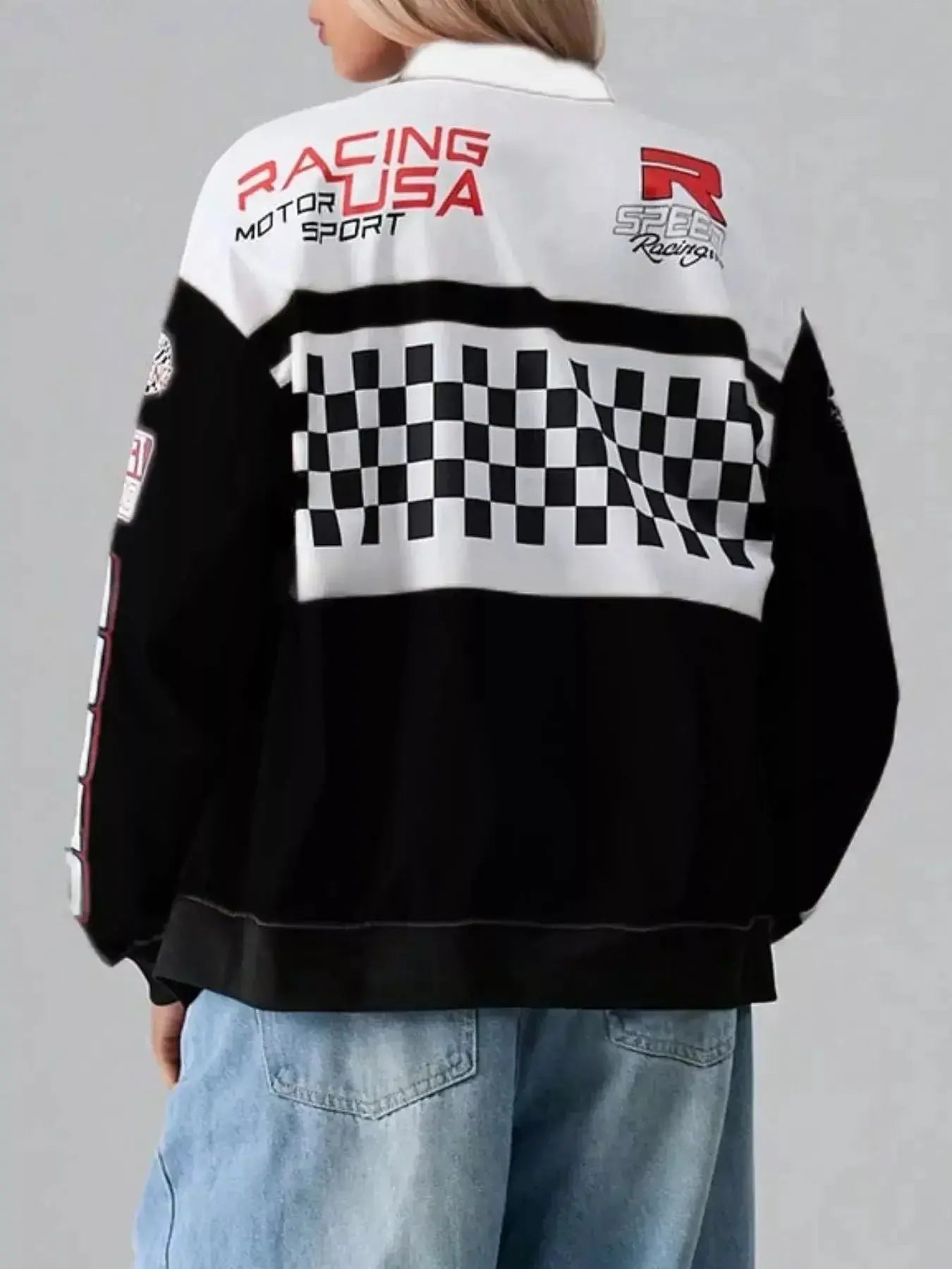 Letter Zip Up Dropped Shoulder Jacket - DaisyDrop 