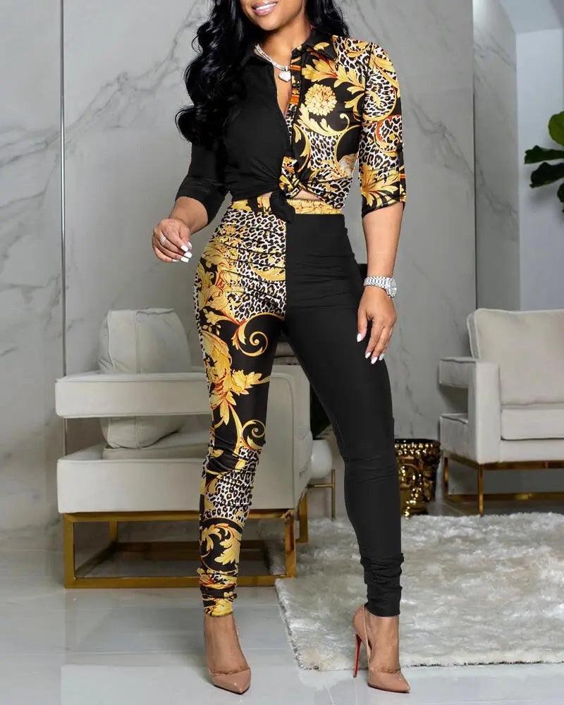 Scarf Chain Print Two Piece Set And Long Skinny Trousers eprolo