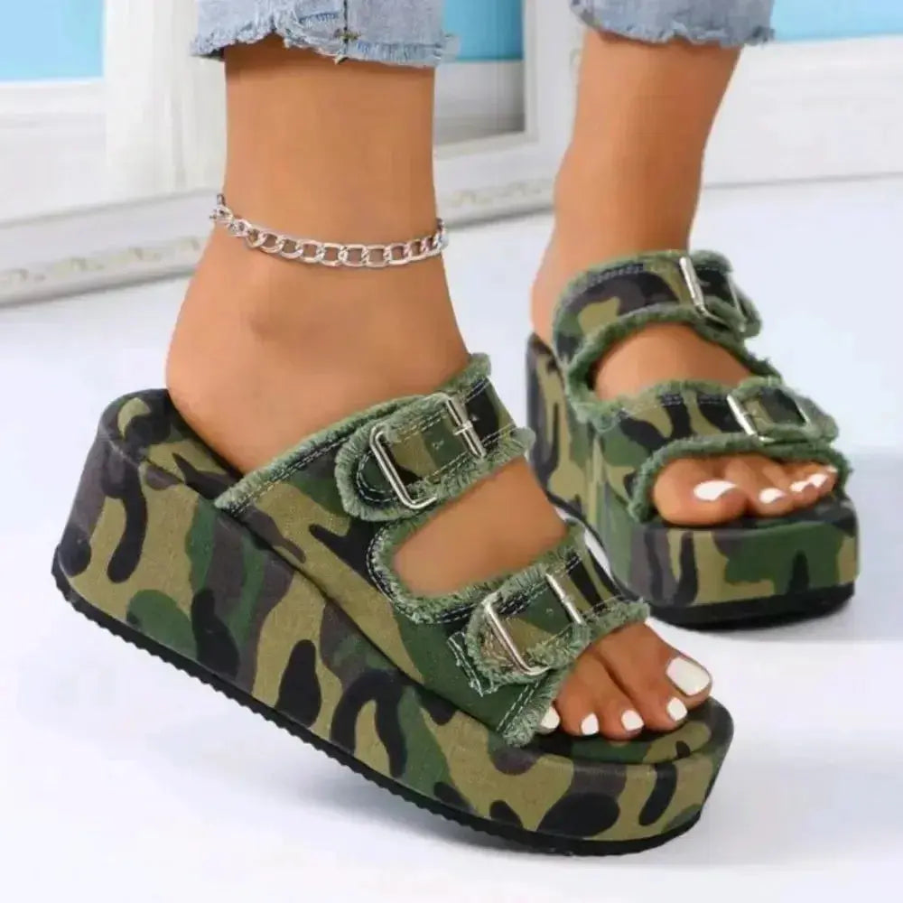 Raw Hem Wedge Buckle Sandals - DaisyDrop 