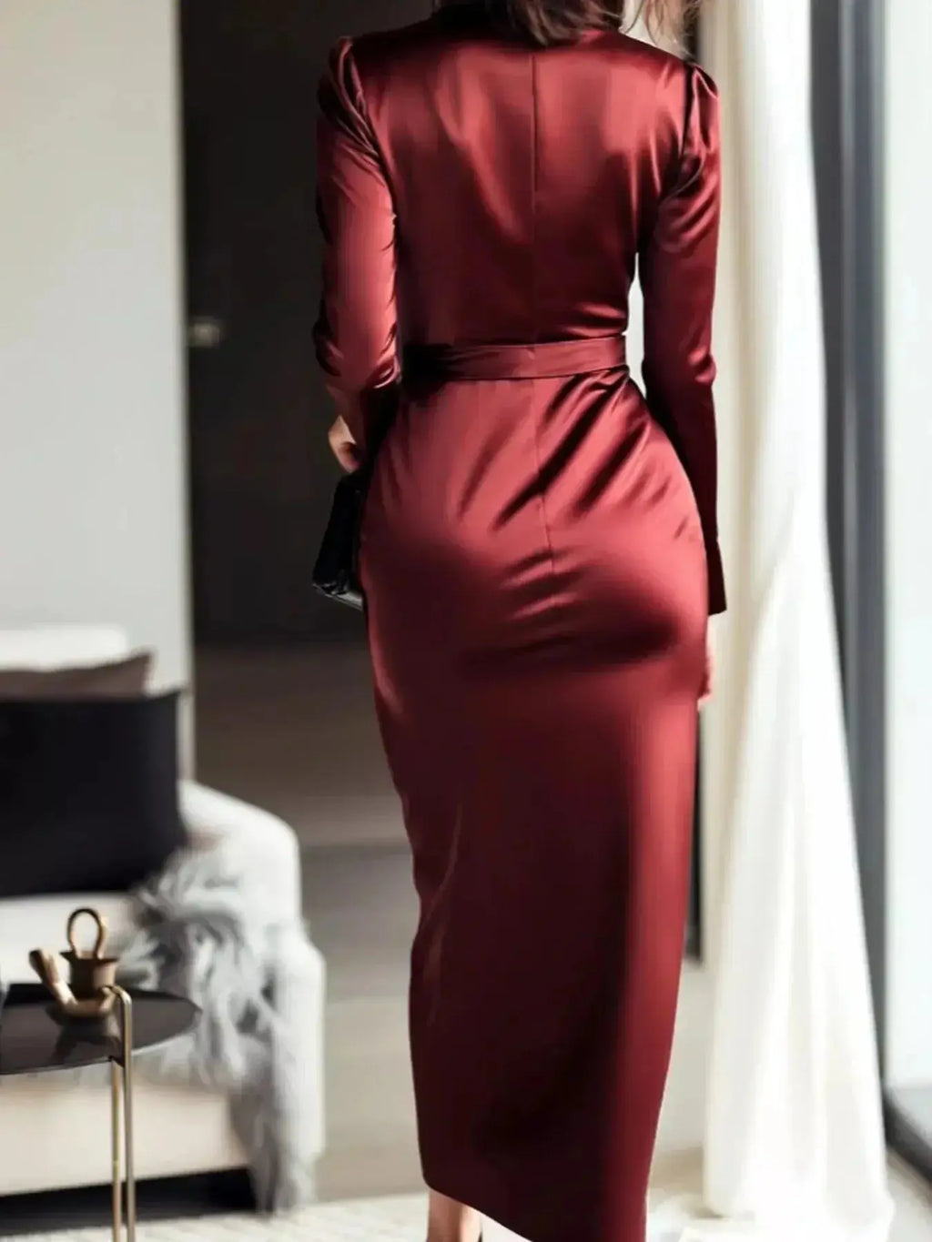 Satin Wrap Long Sleeve Midi Dress - DaisyDrop 