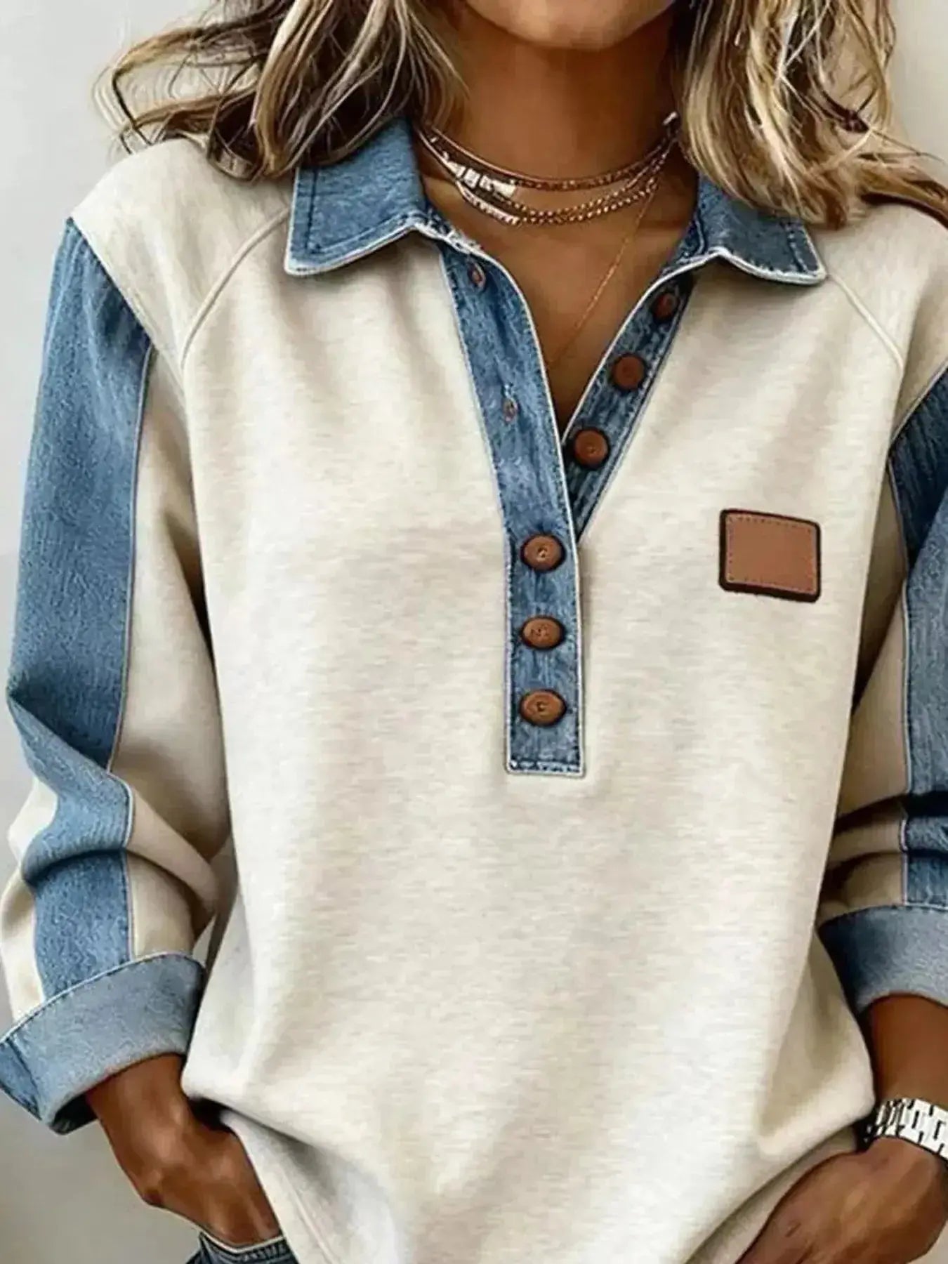 Denim Trim Button Detail Sweatshirt - DaisyDrop 